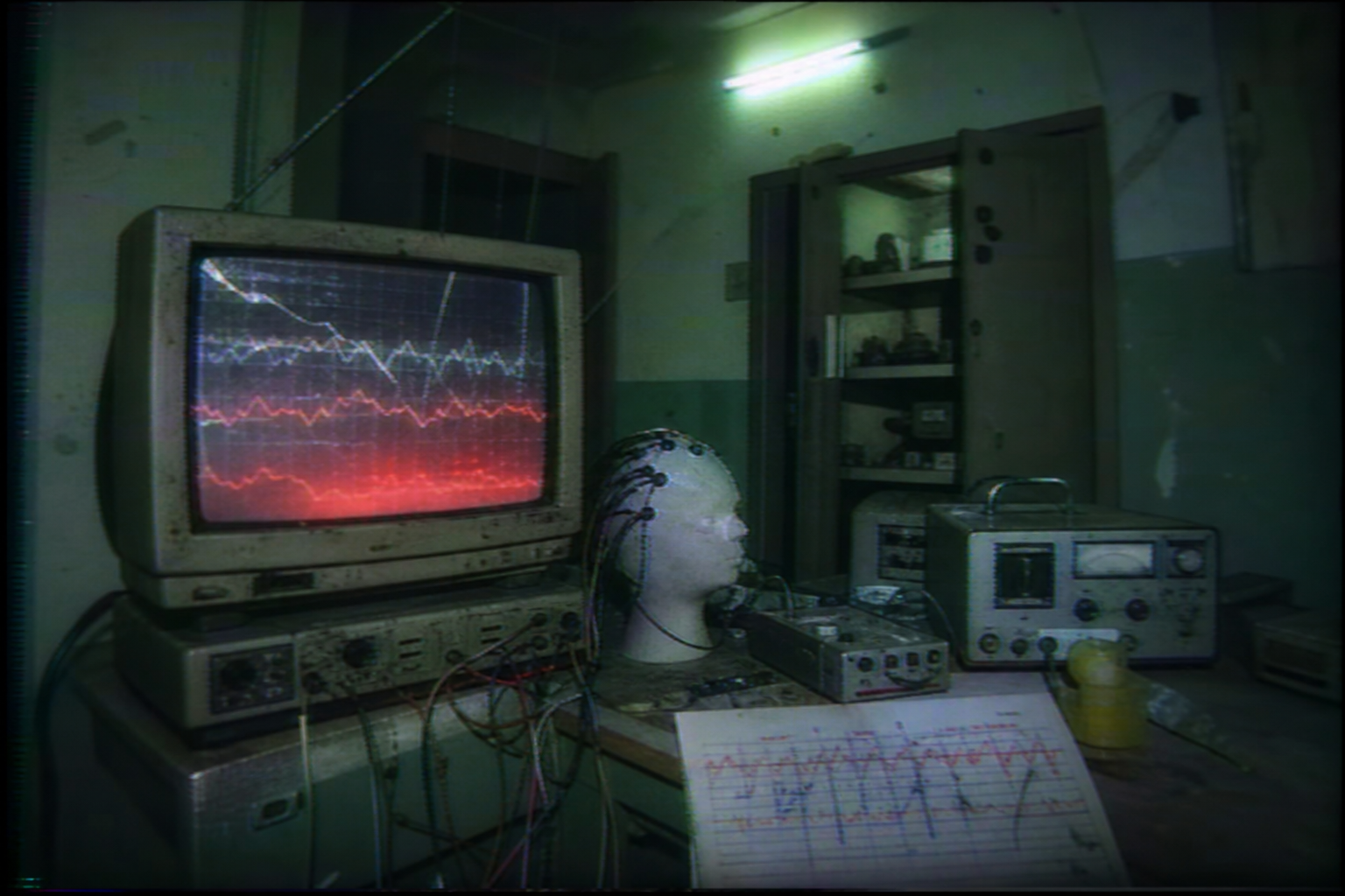 Плохой лабораторный кадр: CRT-монитор с REM-графиками и медицинскими датчиками